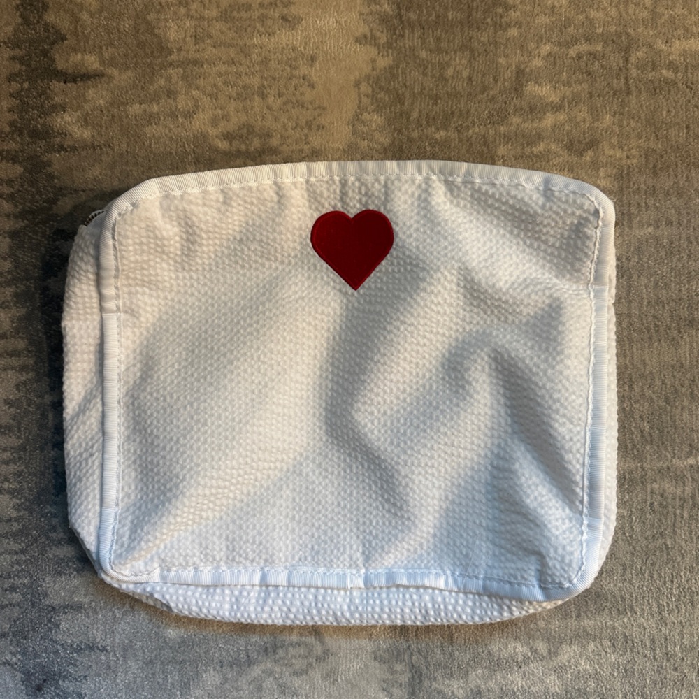 White Seersucker Toiletry Bag with Red Heart
